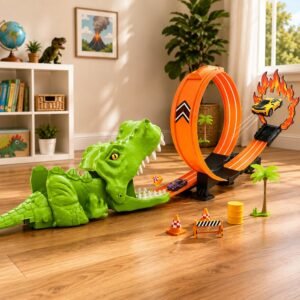 Kit Pista Lança Carrinhos Dinossauro Looping com Carrinho de Metal