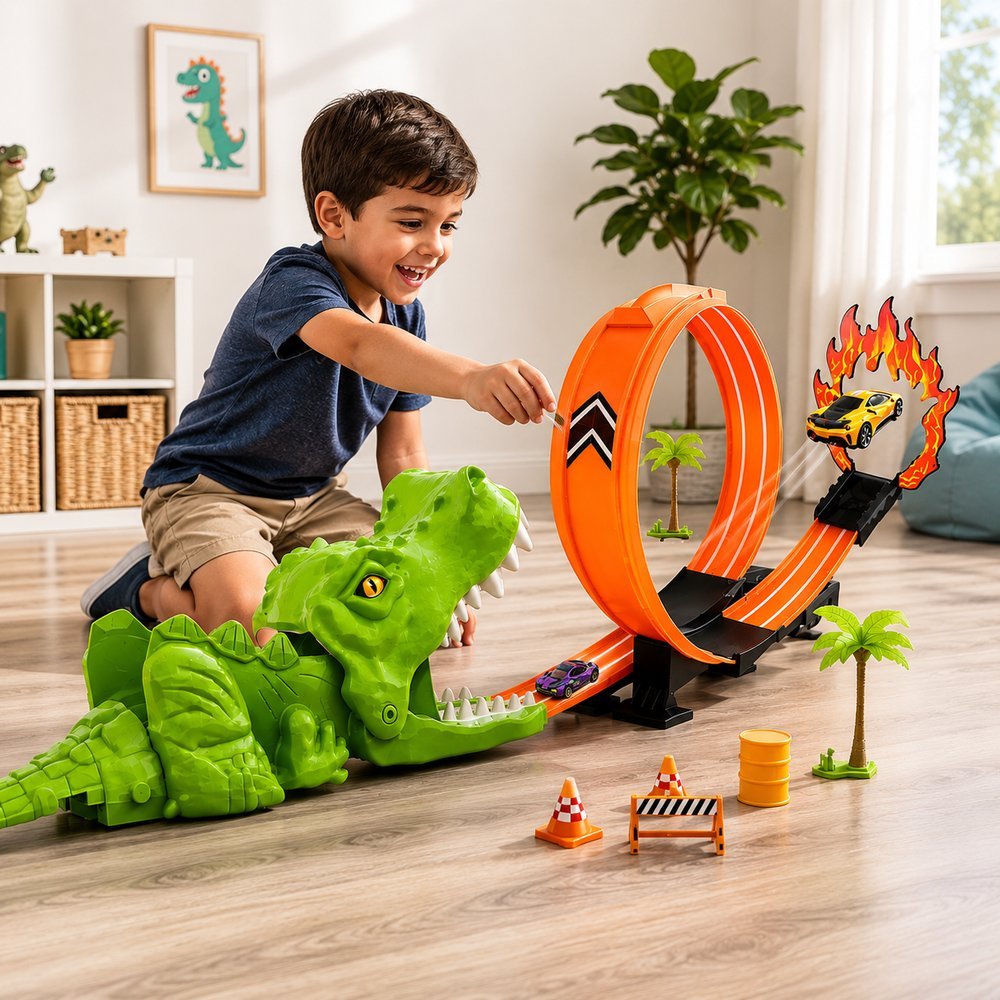 Kit Pista Lança Carrinhos Dinossauro Looping com Carrinho de Metal - Imagem 2