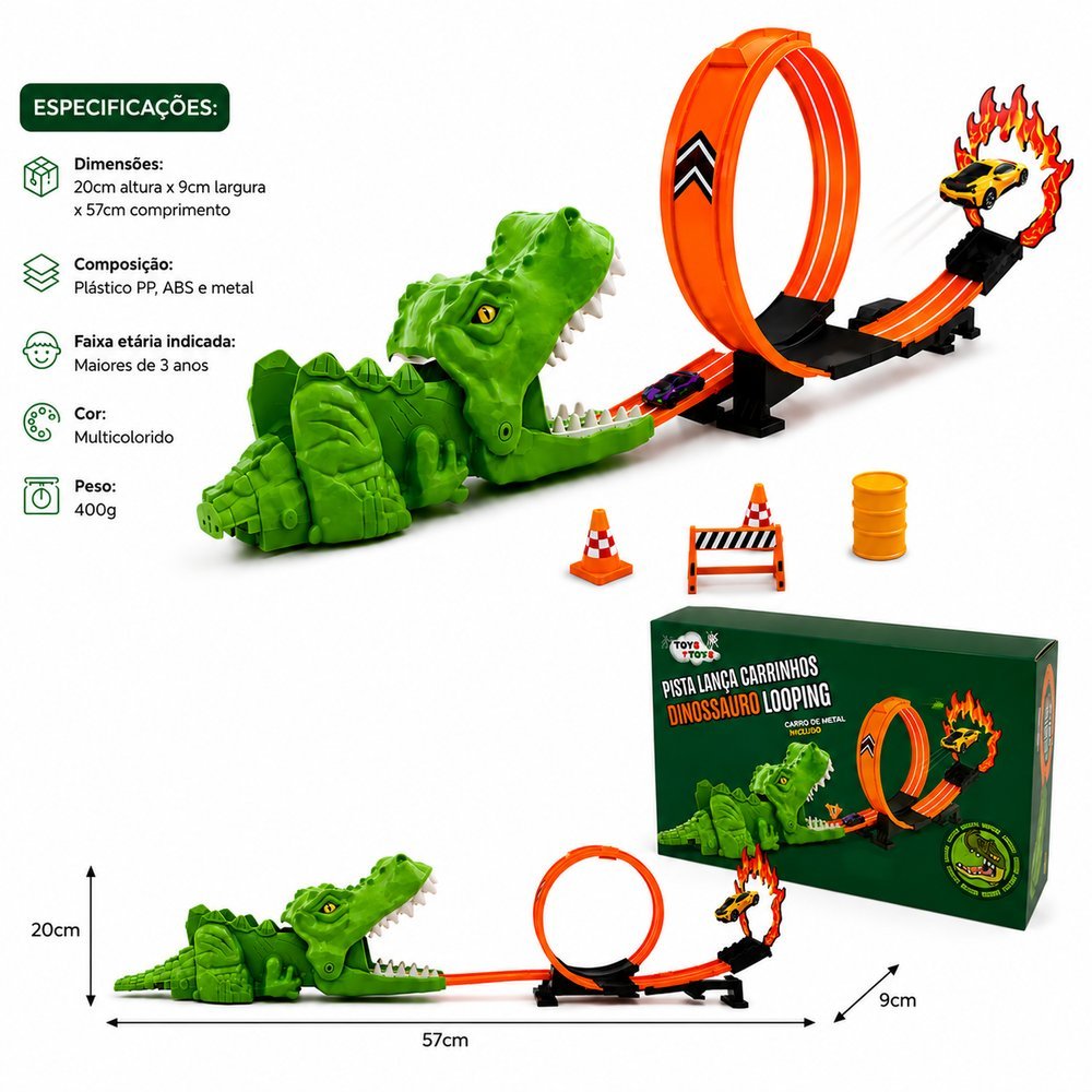 Kit Pista Lança Carrinhos Dinossauro Looping com Carrinho de Metal - Imagem 4