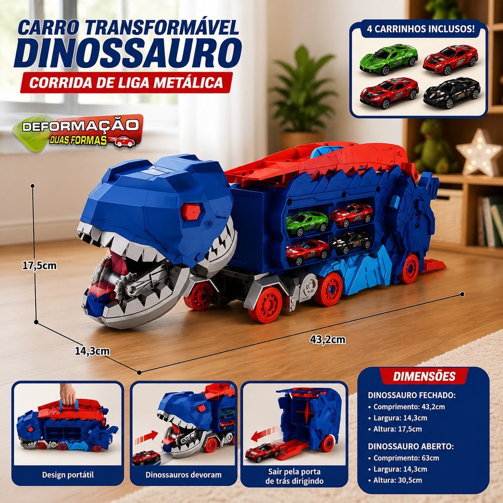 Carro Transformável Dinossauro com Pista e 4 Mini Carros de Liga Metálica - Imagem 2