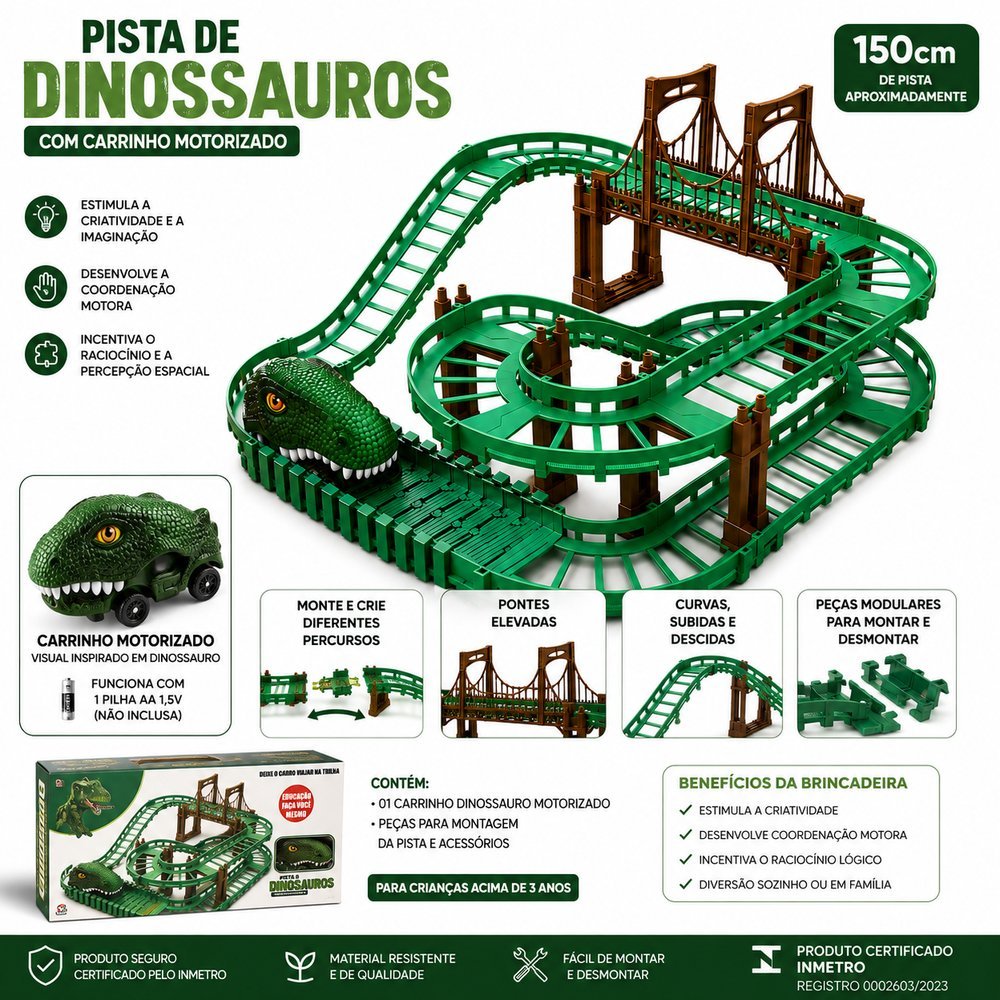 Pista Infantil de Dinossauros com Carrinho Motorizados - Verde - Imagem 2