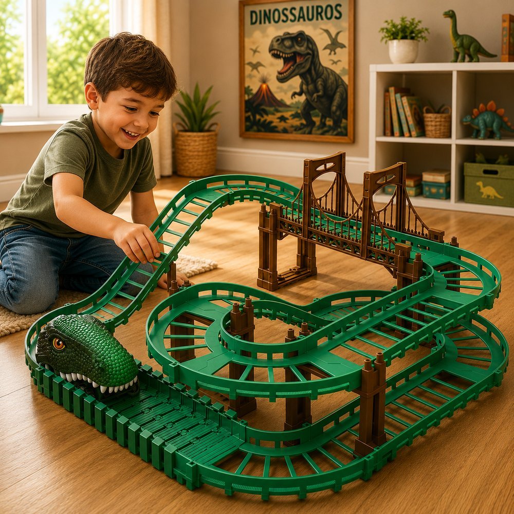 Pista Infantil de Dinossauros com Carrinho Motorizados - Verde - Imagem 3
