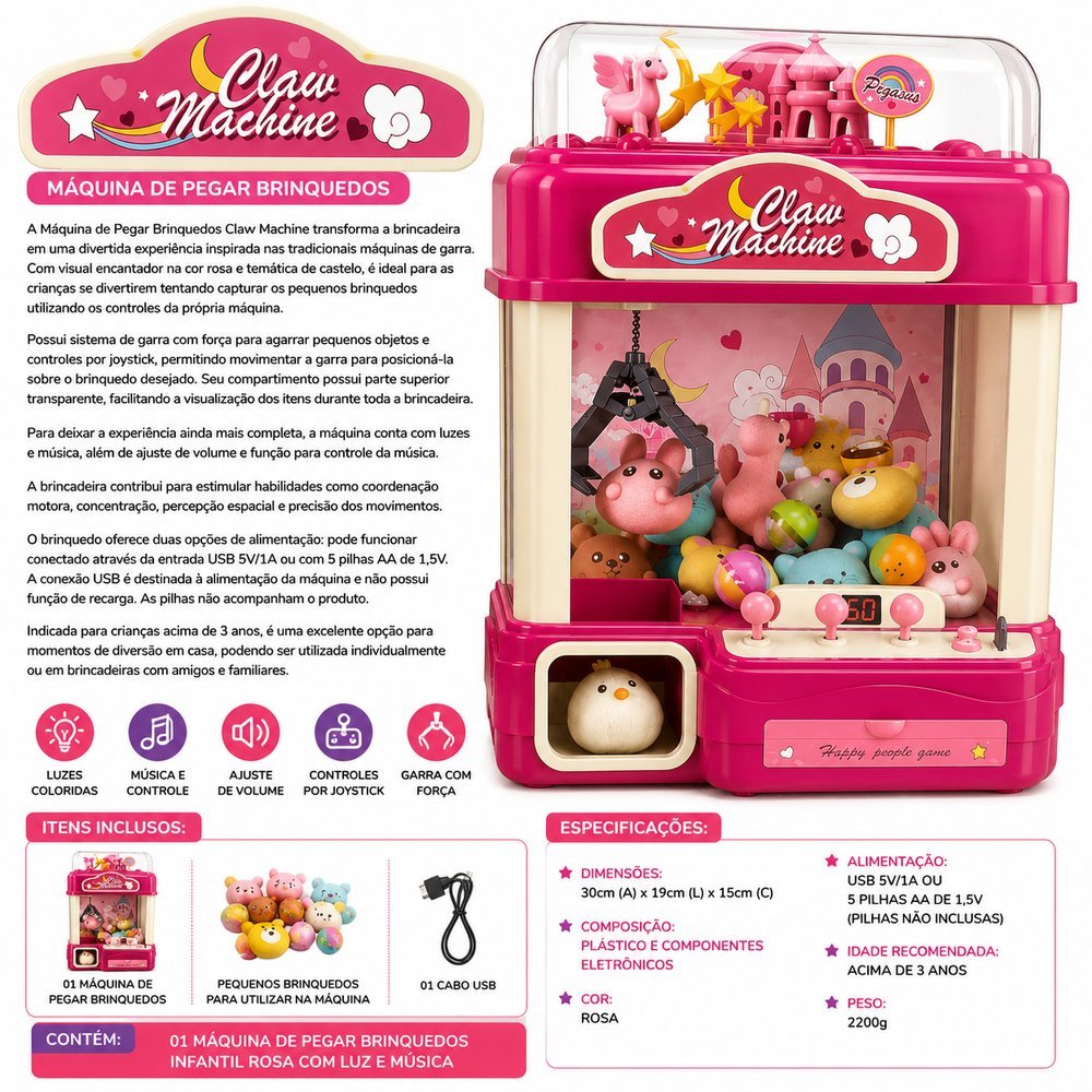 Máquina de Pegar Brinquedos Infantil Rosa com Luz e Música - Imagem 3