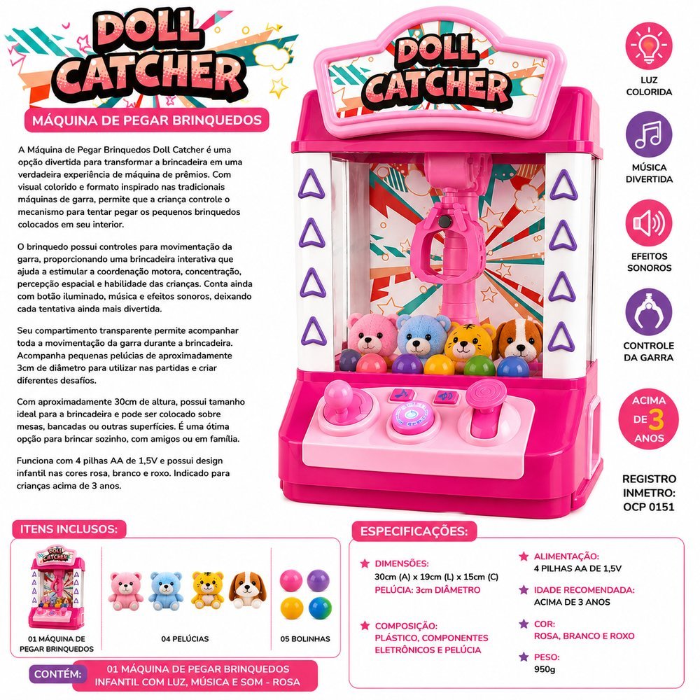 Máquina de Pegar Brinquedos Infantil com Luz, Música e Som - Rosa - Imagem 4