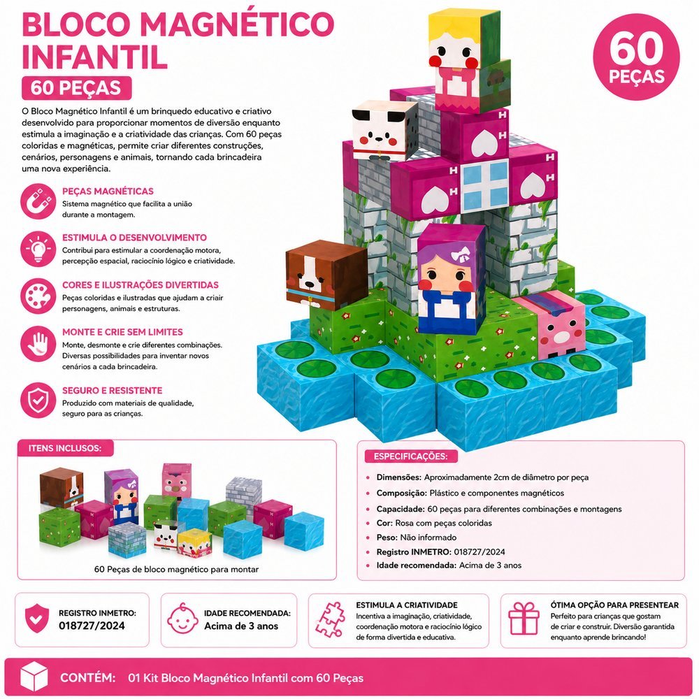 Kit Bloco Magnético Infantil com 60 Peças - Rosa - Imagem 2
