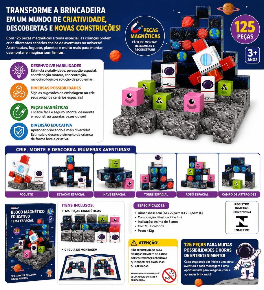 Bloco Magnético Educativo Tema Espacial 125 Peças - Imagem 2