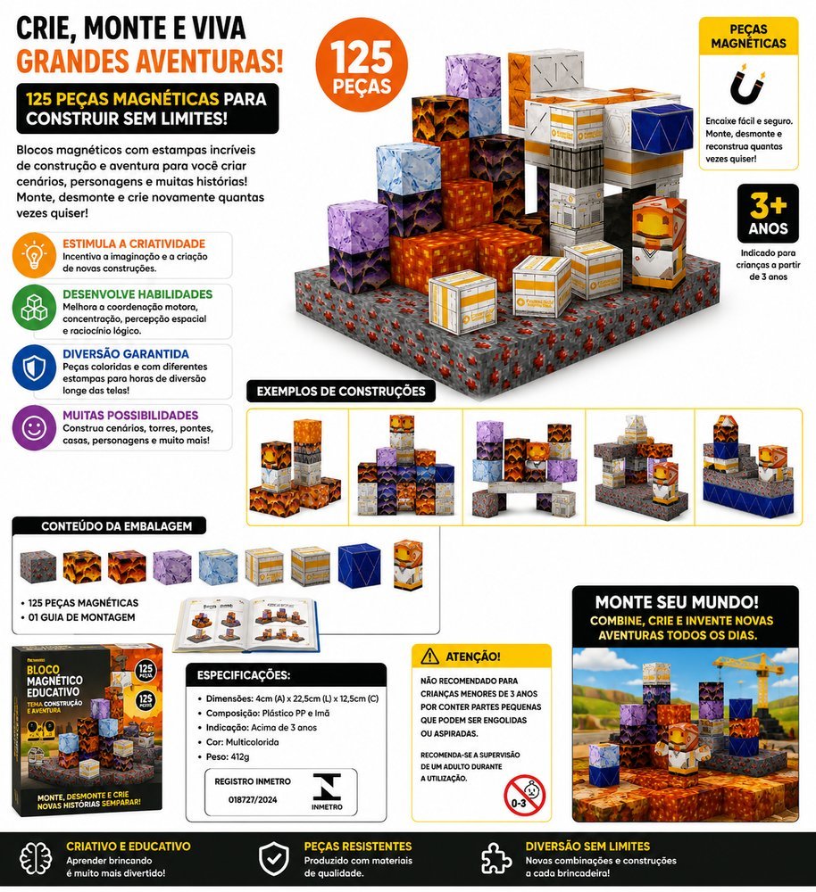 Bloco Magnético Educativo Tema Construção e Aventura 125 Peças - Imagem 2