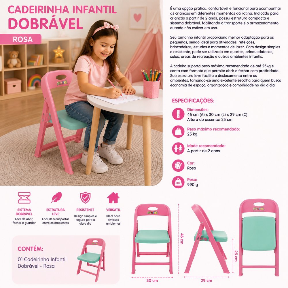 Cadeirinha Infantil Dobravel - Rosa - Imagem 4