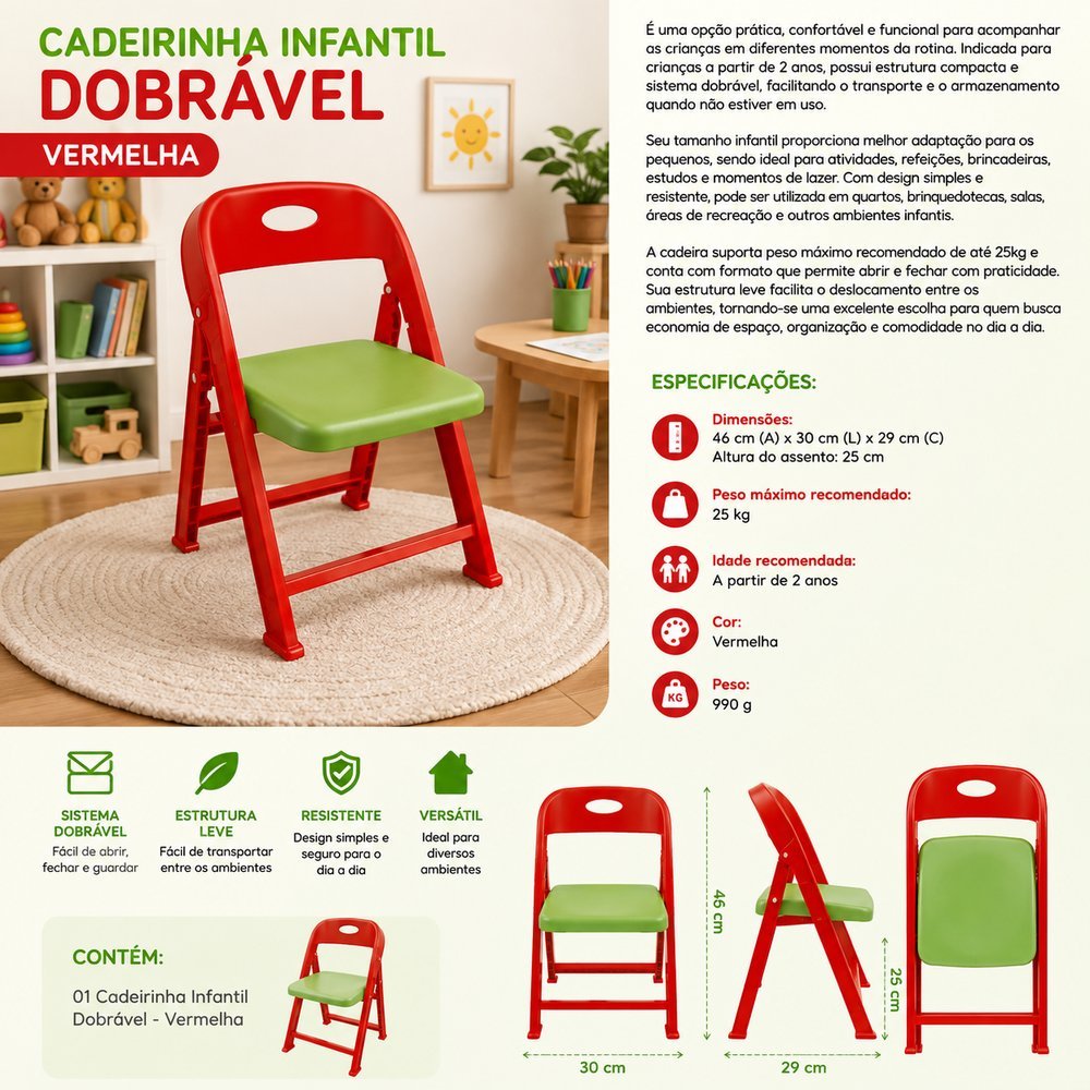 Cadeirinha Infantil Dobrável - Vermelha - Imagem 3
