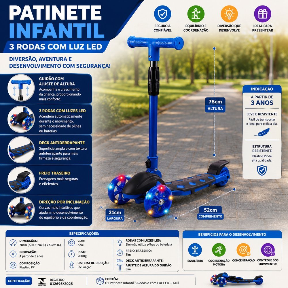 Patinete Infantil 3 Rodas e com Luz LED - Azul - Imagem 4
