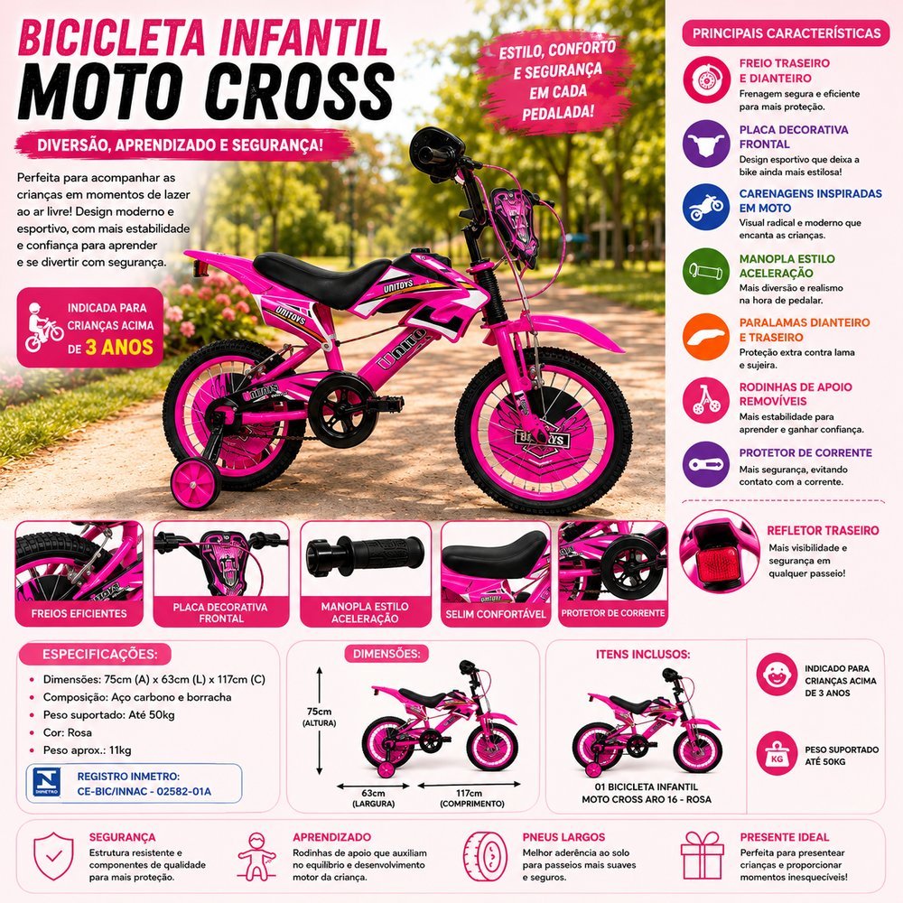 Bicicleta Infantil Moto Cross Aro 16 - Rosa - Imagem 7