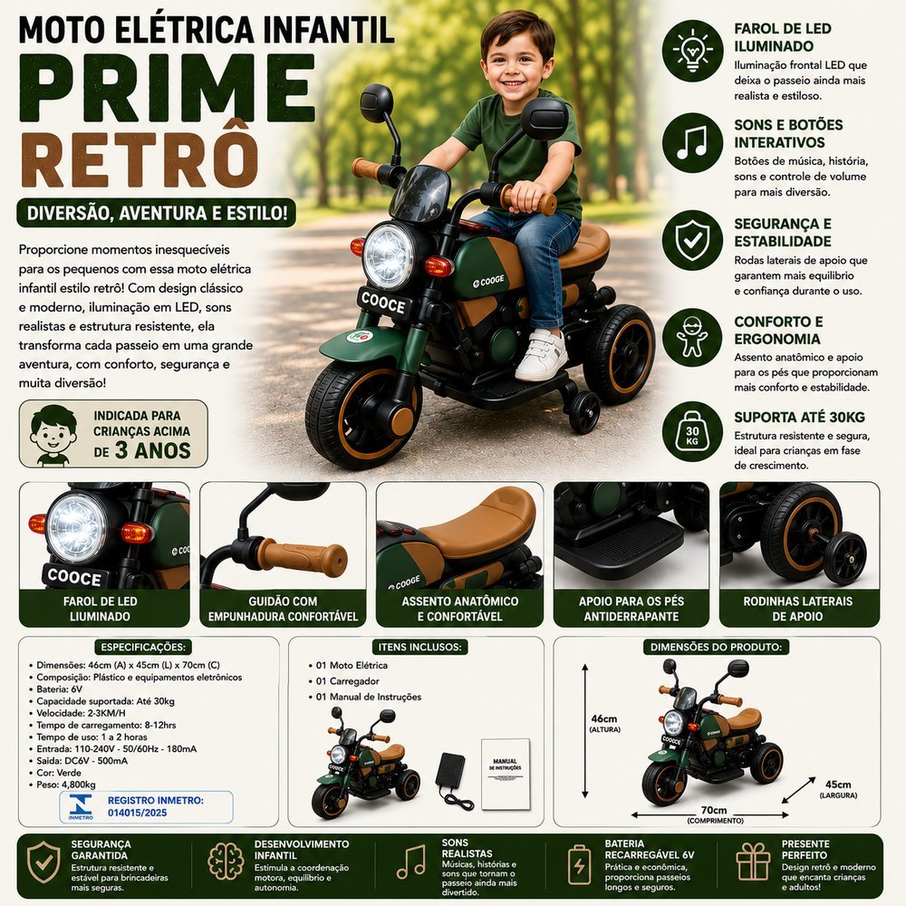 Moto Elétrica Infantil Prime Retrô - Verde - Imagem 6