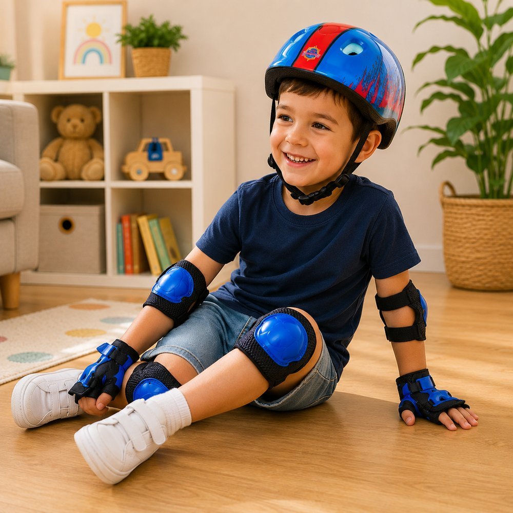 Kit Proteção e capacete Infantil Completo 7 peças - azul e vermelha