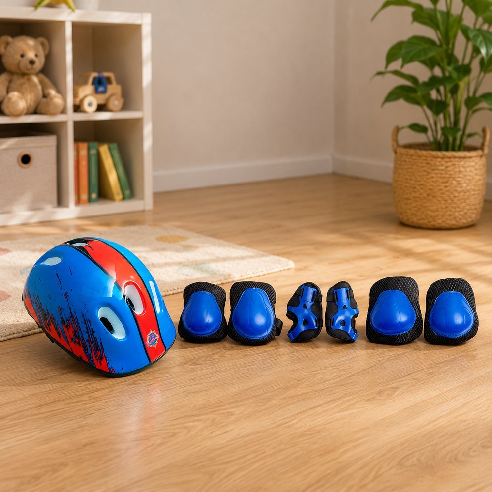 Kit Proteção e capacete Infantil Completo 7 peças - azul e vermelha - Imagem 4